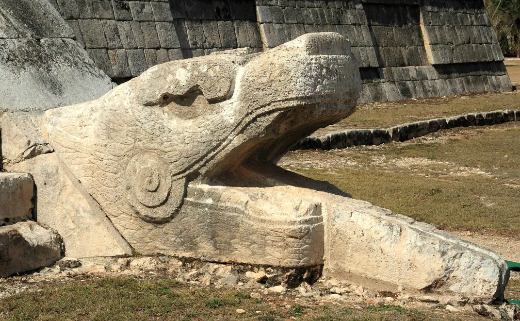 Sculpture of Ku’ku’lkán, the Maya feathered serpent god, at Chichen Itza