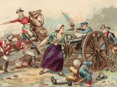 Illustration of Mary Ludwig Hays McCauley, the likely inspiration for Molly Pitcher, stoking a cannon for the U.S. Pennsylvania artillery during the Battle of Monmouth