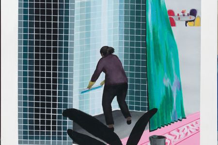 Woman Cleaning Shower in Beverly Hills (after David Hockney's Man Taking Shower in Beverly Hills, 1964) by Ramiro Gomez, 2013