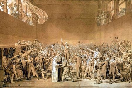 The Tennis Court Oath in June 1789 marked the unification of the French Estates-General, who came to call themselves the National Assembly. In the oath, they vowed not to separate until they established a constitution. 