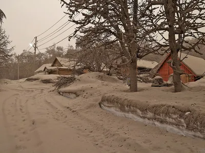 Volcanic ash covers the ground and houses in Klyuchi village on the Kamchatka Peninsula in Russia after the Shiveluch volcano&#39;s eruption.&nbsp;