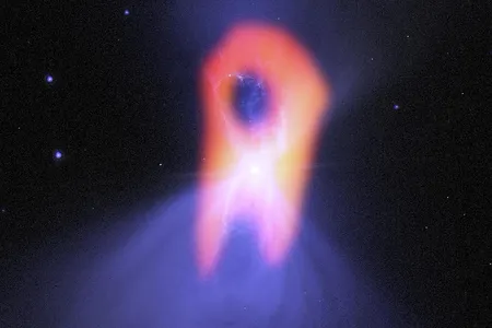 Both the Hubble Space Telescope (blue) and the ALMA Observatory contribute to this image of the Boomerang Nebula