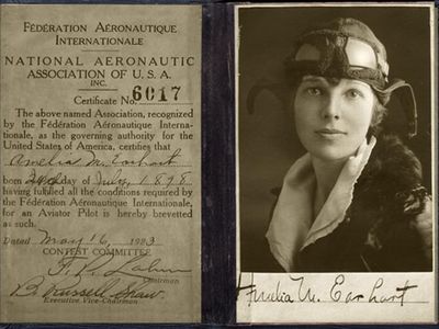 Amelia Earhart's pilot's license (dated May 16, 1923), only the 16th issued by the FAA to a female pilot.