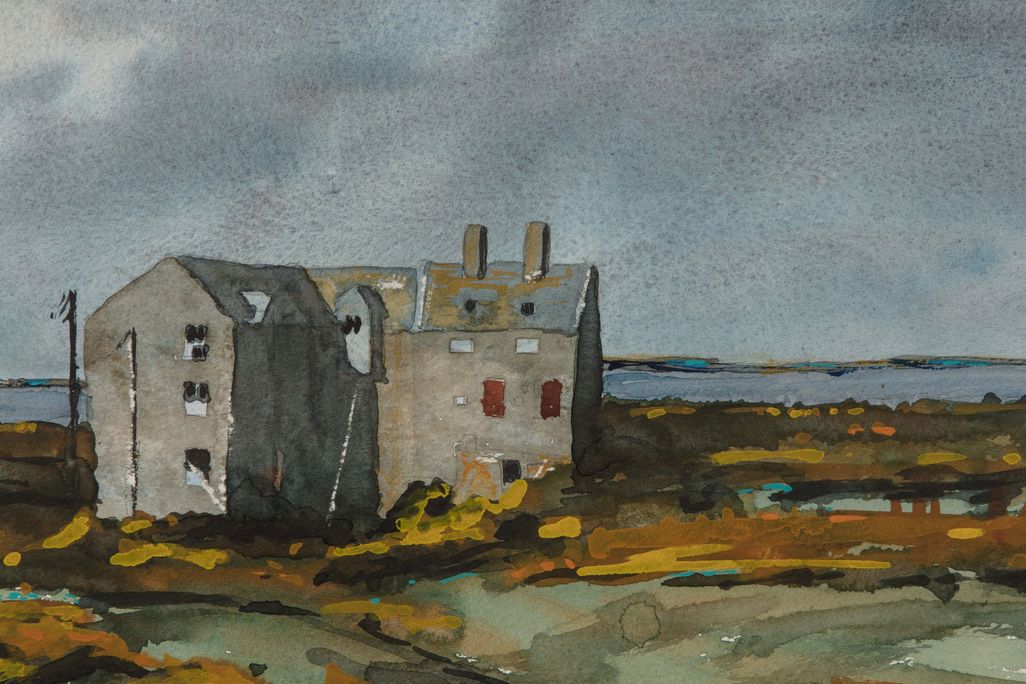 watercolor painting of cloudy day and a gray worn down building overlooking seascape