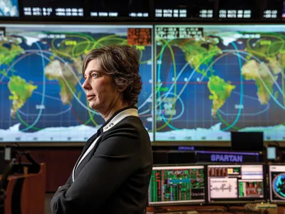 Holly Ridings in her element, the Blue Flight Control Room at NASA’s Johnson Space Center. The first woman to be Chief Flight Director, she may preside over the mission that sends the first woman to the moon.