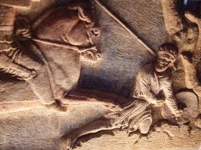 Detail from a 4th-century B.C. Persian sarcophagus, thought to depict a Greek-Anatolian battle scene, found in a tomb near Troy.