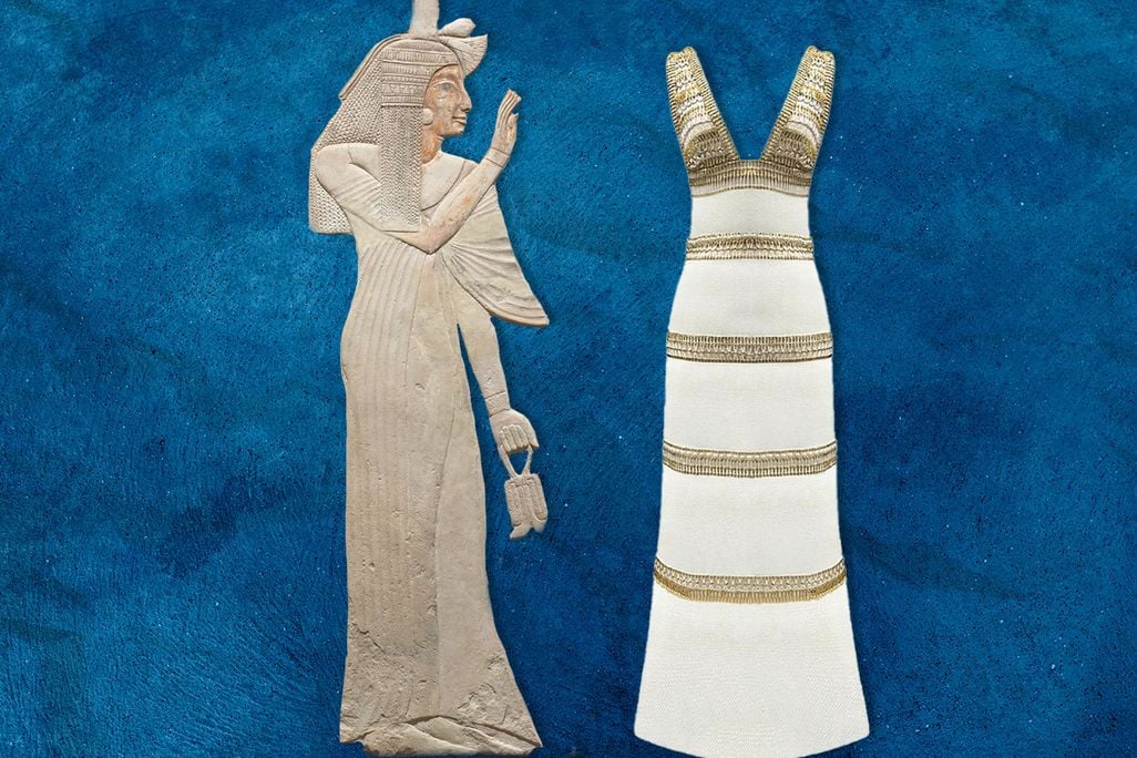 an Egyptian next to a high end fashion dress