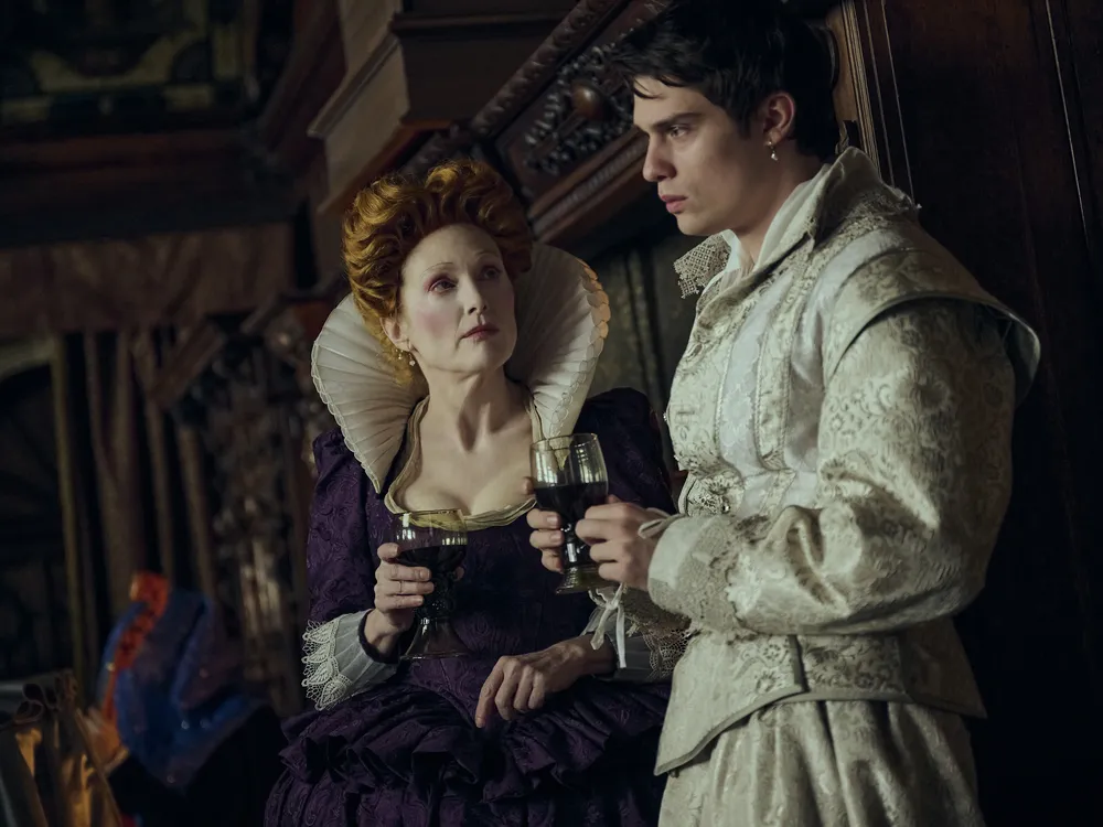 Julianne Moore as Mary Villiers and Nicholas Galitzine as her son George Villiers in "Mary & George"