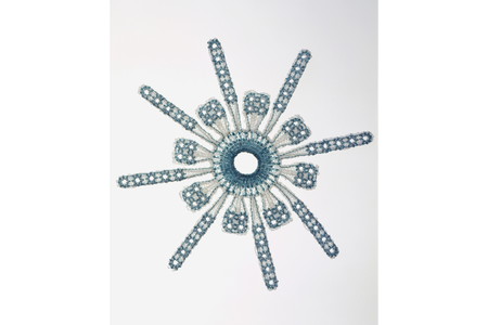 Bioimplantable device. Developed by Ellis Developments Ltd., manufactured by Pearsalls Ltd., designed by Prof. Simon Frostick, Dr. Lars Neumann, Prof. W. Angus Wallace, and Dr. Alan McLeod between 1997 and 2003, textile designed by Peter Butcher in 2004. Polyester. Cooper Hewitt, Smithsonian Design Museum, Gift of Ellis Developments, Ltd., 2004-15-1. Photo: Matt Flynn © Smithsonian Institution