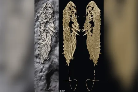 The arthropod fossil used to describe a new species (left) and CT scans of the specimen (right)