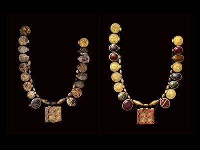 A photo of the necklace discovered in England, alongside a depiction of what it may have once looked like