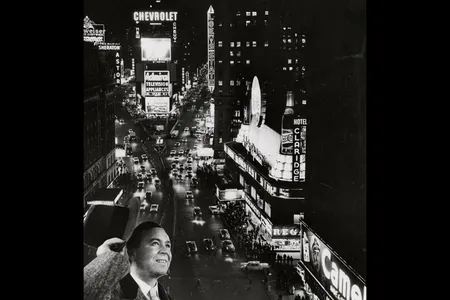 By 1948, when this photo montage was made, Times Square was a riot of lights and special effects. Many of these lighted signs were the work of Douglas Leigh.