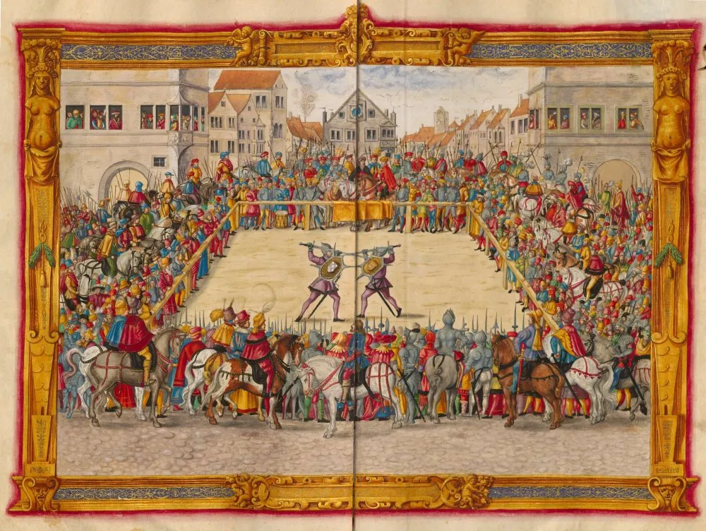 A 1540s depiction of judicial combat in Augsburg in 1409, between Marshal Wilhelm von Dornsberg and Theodor Haschenacker