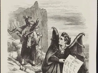 Political cartoonist Thomas Nash lampooned Victoria Woodhull as "Mrs. Satan" in this 1872 sketch featured in Harper's Weekly