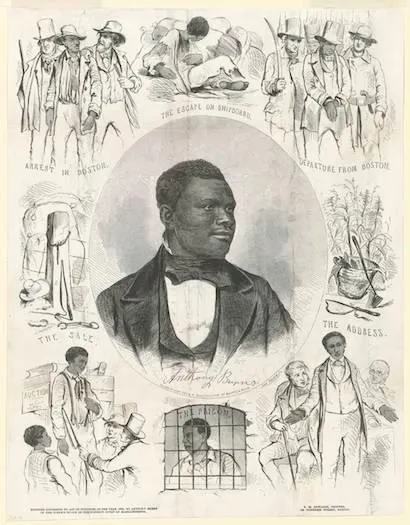 A print created in Boston in the 1850s showing Anthony Burns and scenes from his life