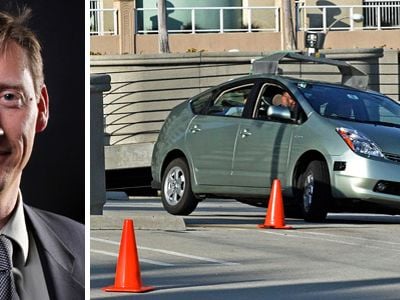 Google's energy chief Rick Needham (left) has some lofty goals for the future of energy, including self-driving cars like the Google Car, shown here on a driver-less test drive (right).