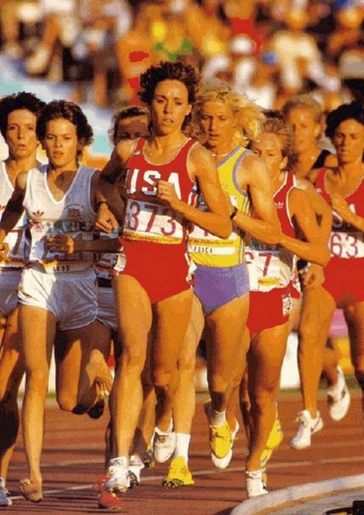 Left-right: Zola Budd, Mary Decker, Maricica Puică, 3000 m, 1984 Olympics