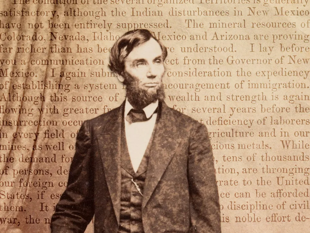 An 1863 photo of Abraham Lincoln, overlaid atop the text of his third annual message to Congress