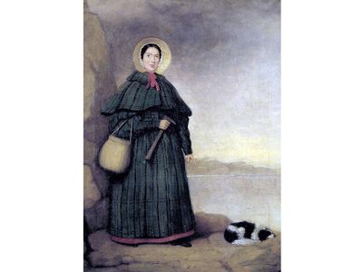 Portrait of paleontologist Mary Anning and her trusty assistant, Tray.