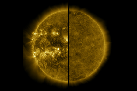 A split image showing an active Sun during solar maximum (on the left, taken in 2014) and a quiet Sun during solar minimum (on the right, taken in 2019). 