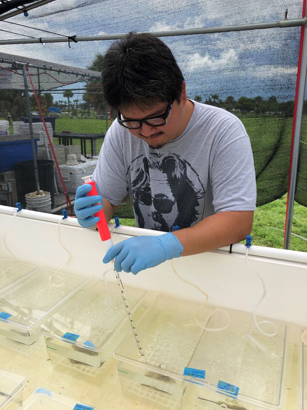 Scientist using a pipette in a outdoors lab.