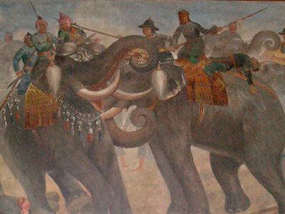 Close-up image of mural depicting the battle in Phra Ubosot, Wat Suwan Dararam, Ayutthaya, Thailand.
