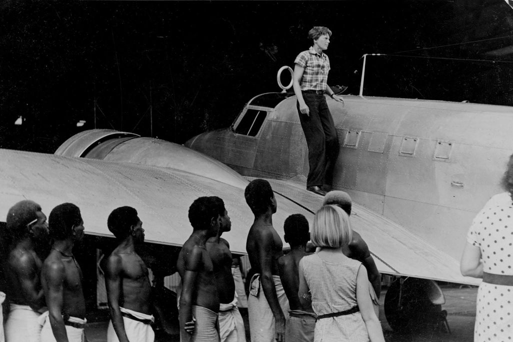 Amelia Earhart on the wing of her plane