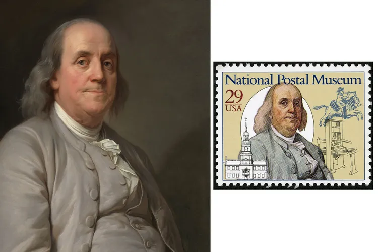 Ben Franklin in portrait and in a stamp