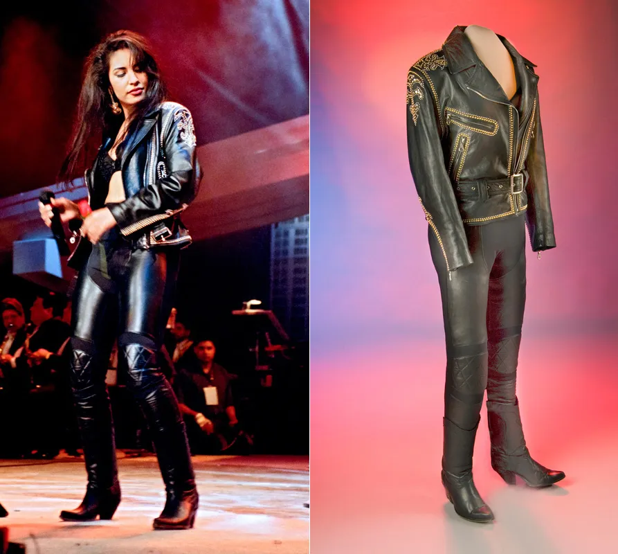 Two images. On the left, Selena Quintanilla-Pérez standing on stage during a performance wearing a costume that includes leather pants and jeans. On the right, the leather pants and jeans, now staged on a museum mannequin, in front of multi-colored backgr