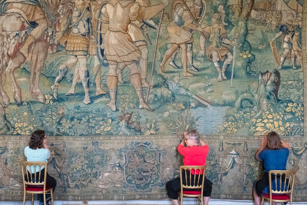 View of one of the Gideon tapestries being restored