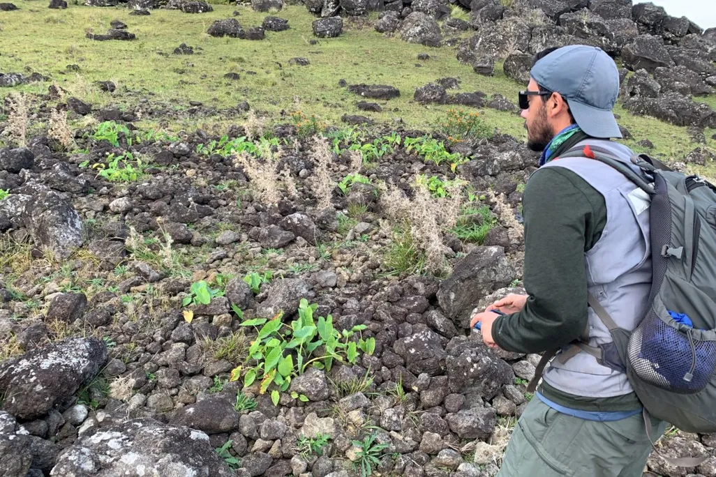 A person with a backwards hat and backpack stands in front a pile of rocks on the ground