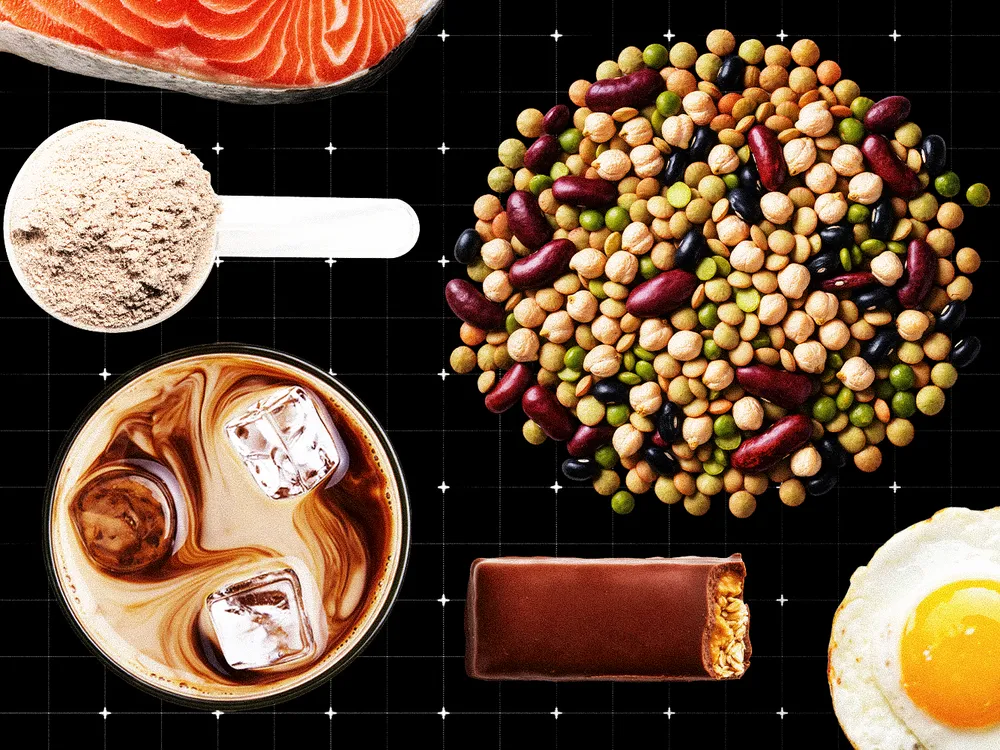 collage with salmon, a scoop of protein powder, beans, a fried egg, a protein bar and iced coffee