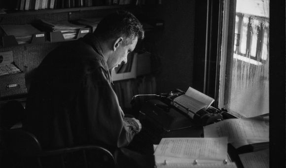 Mack McCormick working on his book, spring 1970