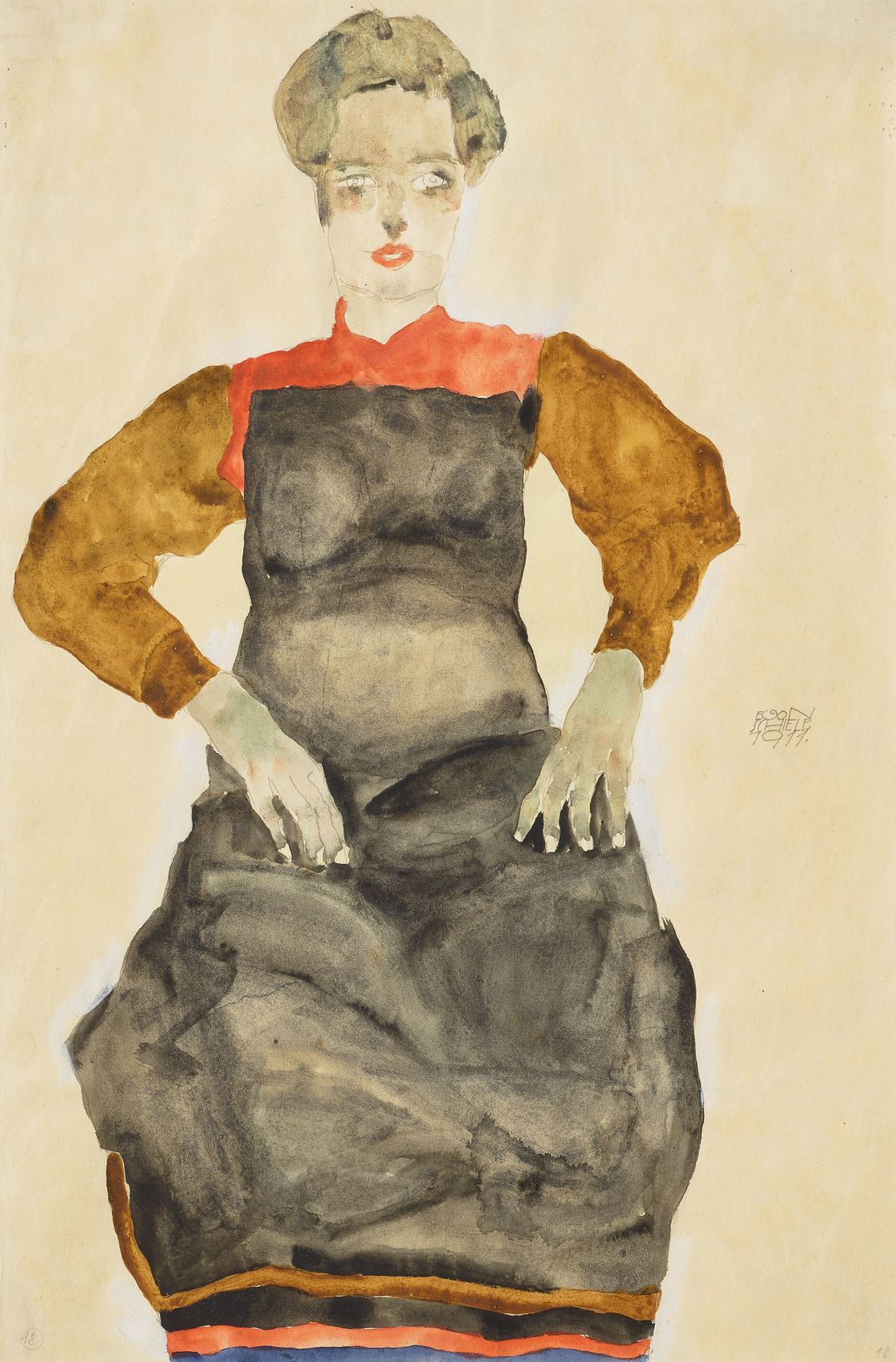“Woman in a Black Pinafore” (1911) by Egon Schiele.