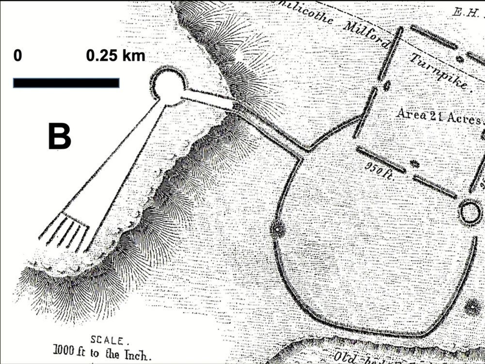 An illustration from 1894 of a comet-shaped mound/earthwork the Hopewell built