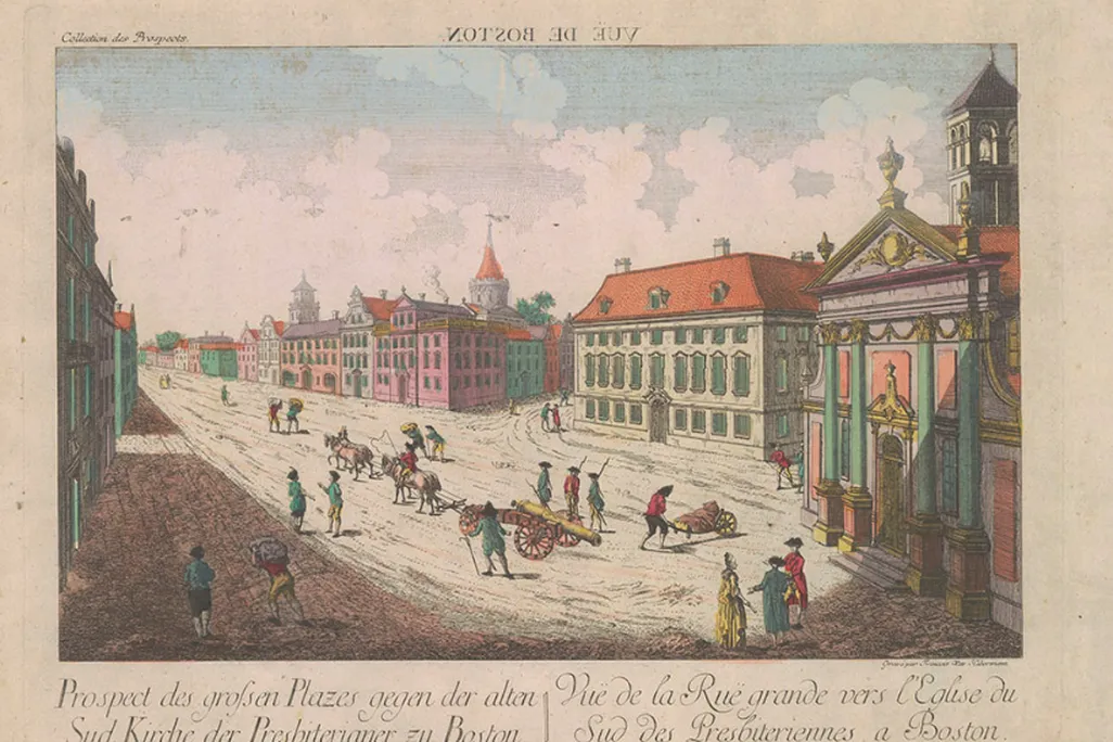 Vuë de la Ruë grande vers l'Eglise du Sud des Presbiteriennes a Boston. Augsbourg, 1778