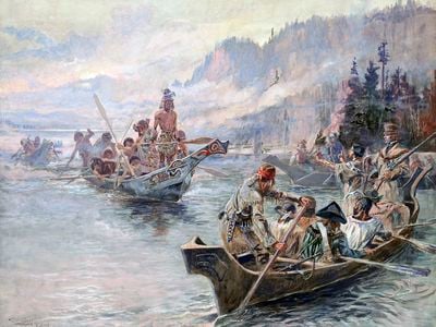 York, the enslaved man who accompanied Lewis and Clark on their history-making expedition, appears in the rightmost canoe in this 1905 painting by Charles Marion Russell.