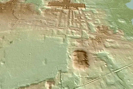 An image created using lidar data shows the structures at Aguada F&eacute;nix, in Mexico.