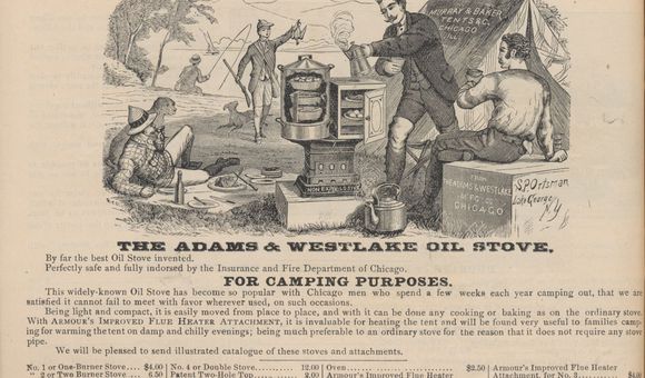 Murray & Baker, Chicago, IL. Awnings and Tents, Signs and Banners (1882), page 28, “Adams and Westlake Oil Stove.” (Smithsonian Libraries and Archives)
