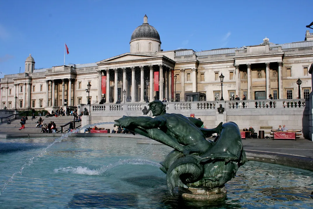 View of the National Gallery in London's Trafalgar Square