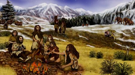An artist’s rendition of a group of Neanderthals living in a mountainous region of Eurasia.