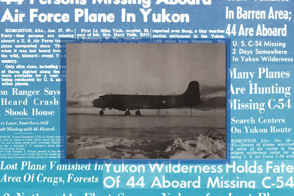 Photo of the C-54D overlaid on newspaper headlines about the disappearance