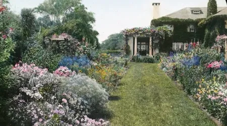 Hand-painted glass lantern slides like this one of The Grey Gardens in East Hampton provided enchanting visuals for traveling lectures.