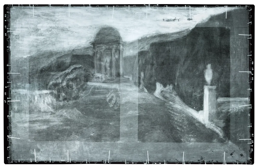 X-radiograph of Picasso’s Crouching Beggarwoman, 1902, rotated 90 degrees counter-clockwise, showing the landscape of the Labyrinth of Horta, Barcelona, beneath
