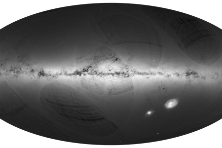 A billion points of light: Gaia&rsquo;s all-sky map shows the disk of the Milky Way at center, with dark patches of obscuring dust. At lower right are two nearby galaxies, the Large and Small Magellanic Clouds. Stripes in the image are data gaps&mdash;which eventually will be filled in. Click here to see a larger, annotated version. 
