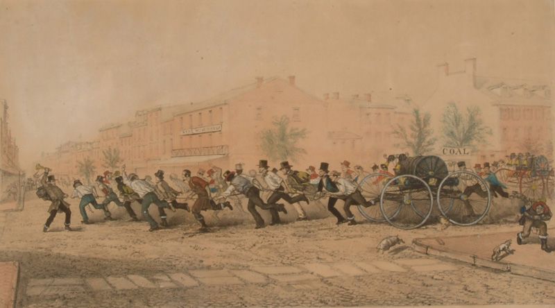 Illustration of two Philadelphia hose companies racing headlong to a fire, vying for the honor of being first on the scene.