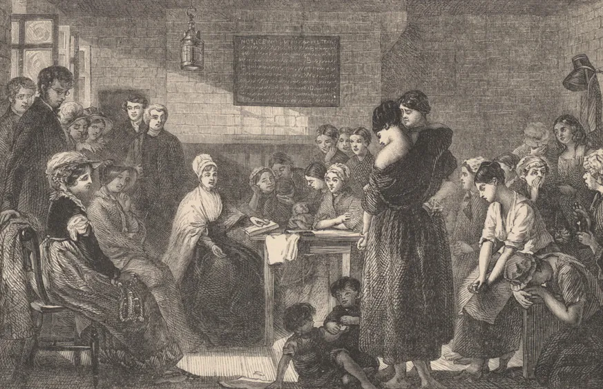 An engraving of Elizabeth Fry reading to inmates at Newgate Prison in London