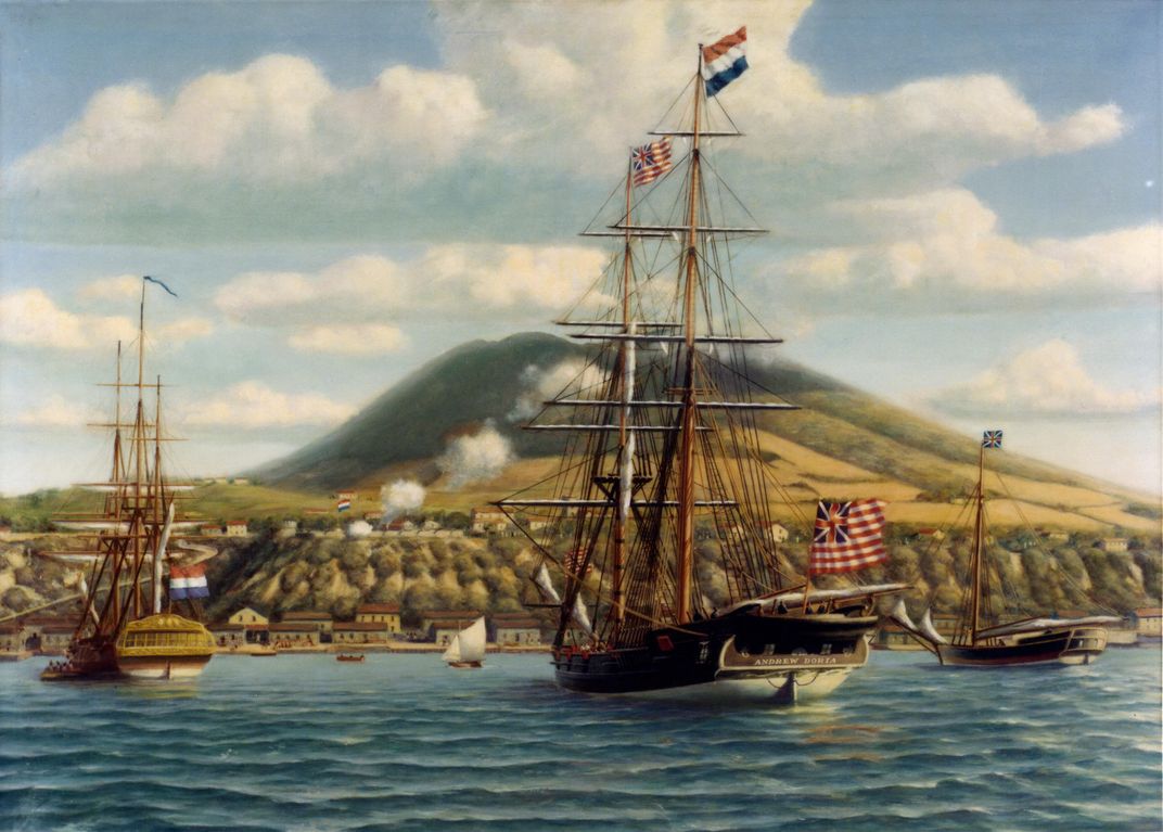 A painting of the Andrea Doria receiving a salute from the Dutch fort at St. Eustatius on November 16, 1776