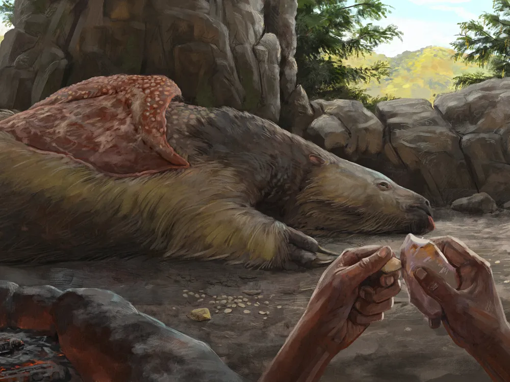 illustration in which hands grind rocks together in front of a carcass of a large mammal in a rocky mountainous area