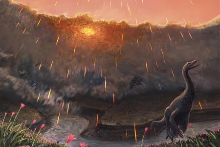 Reconstruction of debris surging into the Tanis River as impact spherules rain down from the sky. A dinosaur tries to get away from the disaster.